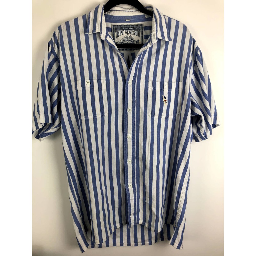 PUSSERS WEST INDIES Button Down Tropic Weave Shirt Stripe Blue White Size L